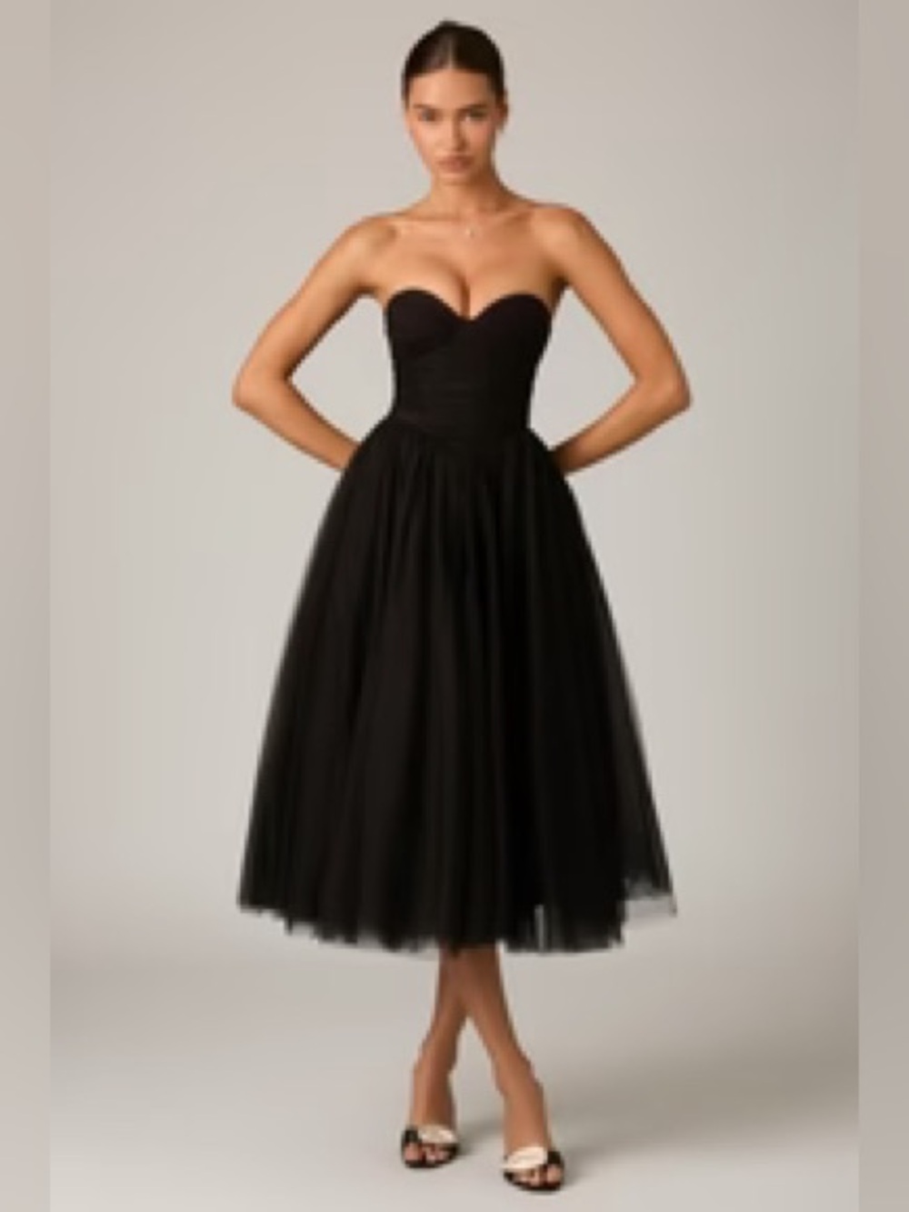 Oh Polly Black Strapless Evening Dress with Ivory Tag Detail
